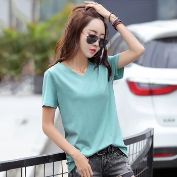 Нова дамски свободна тениска, лятна мода, памучни тениски с V-образно деколте и къс ръкав, блузи, ежедневни простота, однотонная базова тениска в бял цвят
