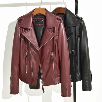 Нова ежедневни дамски яке от естествена кожа, естествена овча кожа, есен-зима мотоциклетное палто в стил пънк, връхни дрехи, блузи, черен