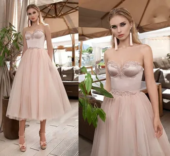 Нова розова рокля за бала трапецовидна форма от тюл с аппликацией във формата на сърце, къси вечерни рокли с дължина до чайна, празнична облекло Vestidos