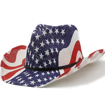 Новата сламена шапка, Ковбойская мъжки, американски флаг, ретро Западна ковбойская шапка, мъжки, дамски, лятна плажна, мъжки, дамски, солнцезащитная шапка с широка периферия