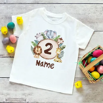 Персонализирана фланелка на рожден ден, тениска за момчета, от 1 до 9 години, тениска за парти в чест на рождения ден, дрехи с името на диво животно, детски подаръци, върхове