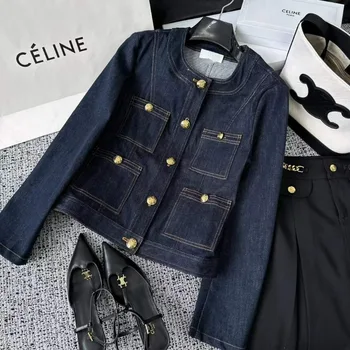 Пролет-есен модерно луксозно висококачествено дамско джинсовое палто в стил ретро, ежедневно яке с кръгло деколте и дълги ръкави и метални бутони