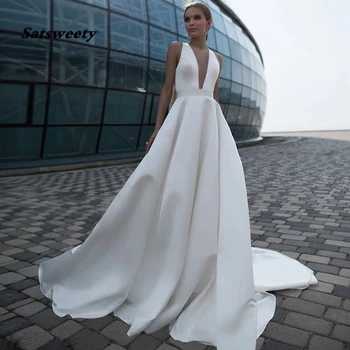 Секси сватбени рокли трапецовидна форма с дълбоко V-образно деколте и с отворен гръб, класически прости елегантни драпирани 2023, ново записване, луксозни сватбени рокли