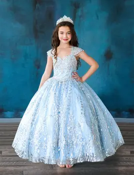 Скай-сини мини-буйни рокли, бална рокля, апликация от пайети, рокли с цветя модел за момичета, рокли за сватби, елегантни рокли за деца, детски