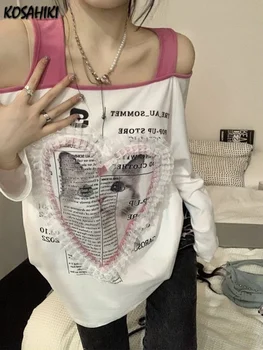 Скъпа Лейси нашивка с открити рамене, тениски с дълъг ръкав, Дамски тениска Kawaii с принтом Котка Y2k, Естетически, графични Тениски, Страхотна Harajuku