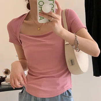 Сладък шик кратък топ за жени, годишна базова тениска с квадратна деколте и къс ръкав, женски минималистичные корейски тениски, модни дрехи