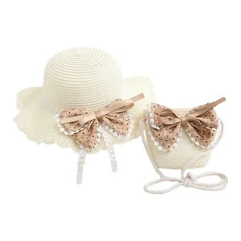 Сламена шапка от слънцето с широка периферия за малки момичета, комплект с чанта през рамо, лятна плажна шапка с хубав лък