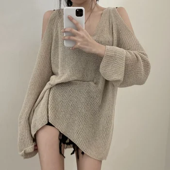 Солнцезащитная блуза, женски годишният вязаный пуловер от ледената коприна с V-образно деколте, в началото на с дълги ръкави и отворени рамене