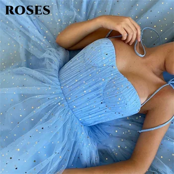 Страхотна синя рокля на принцеса за бала, блестящи звездни тюлевые къси рокли за бала, без презрамки, плисе вечерни рокли трапецовидна форма с дължина до чай