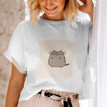 Тениска със забавна котка от картун Harajuku, Дамски Дрехи за Дами, Свободна Скъпа Лятна Тениска с къс ръкав и кръгло деколте, Естетически Върхове Y2K На поръчка е Ок