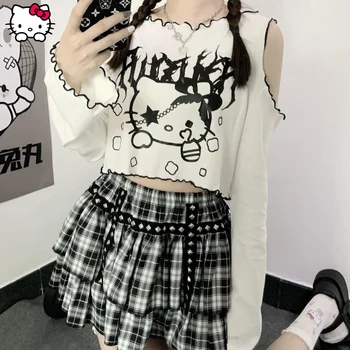 Тениски с дълги ръкави и принтом Sanrio Dark Здравейте Кити в готически стил с винтажным принтом, Дизайн с открити рамене, Нова Лятна Горно Облекло за жени Y2k