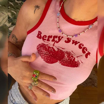 Тениски с ягодов модел, летни дрехи, дамски Y2k, секси розово боди, топ без ръкави, естетически върхове на бретелях, дрехи