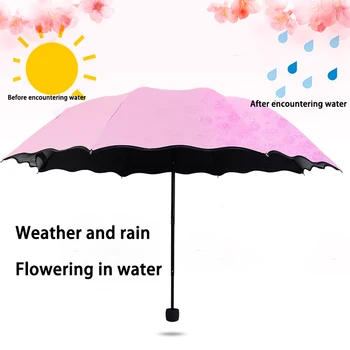Устойчиви На Силен Вятър Женски Преносими Чадъри Ветроупорен 3-сгъваеми Цветя Във водата Променят Цвета Анти-UV Чадър От Слънце/дъжд