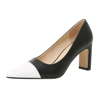 Фини обувки с остър пръсти на дебелите ток, Женски, Черно-бял контрастен цвят, Baotou Large 2022, Френски дамски обувки на висок ток