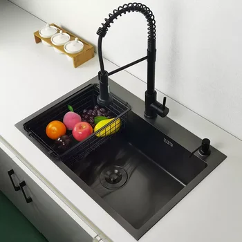 Черна кухненска мивка над тезгяха или под мивка за измиване на зеленчуци с Тъмно-сиви кухненски принадлежности
