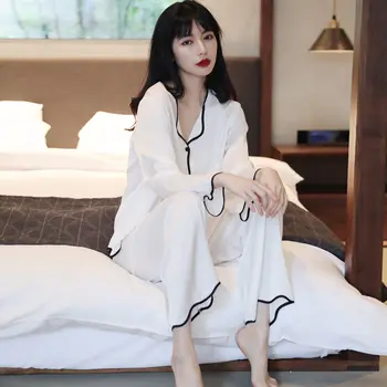 Черно-бяла минималистичная пижама с лък, тънка пролетно-лятна нова домашно облекло с дълги ръкави, комплект от две части