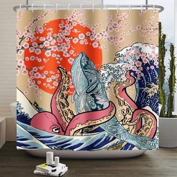 Японската живопис Укие-ъ, завеса за душа, кийт Канагава, завеса за баня, душ завеси, декори за тоалетна, водоустойчив с куки
